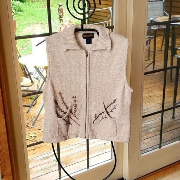 Woolrich Sz. M Embroidered Fall Wheat Zippered Collared Winter Vest with Pockets - Picture 1 of 7